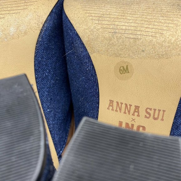 Ana Sui INC Heels 6 Denim Floral Mules Slip On Shoes Blue Beaded Pumps - Picture 12 of 12